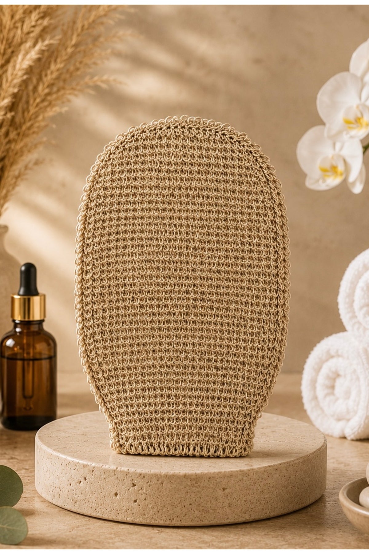 1 Adet Bej Premium Banyo Duş Kesesi Peeling Eldiveni %100 Natural Normal Ciltler Için