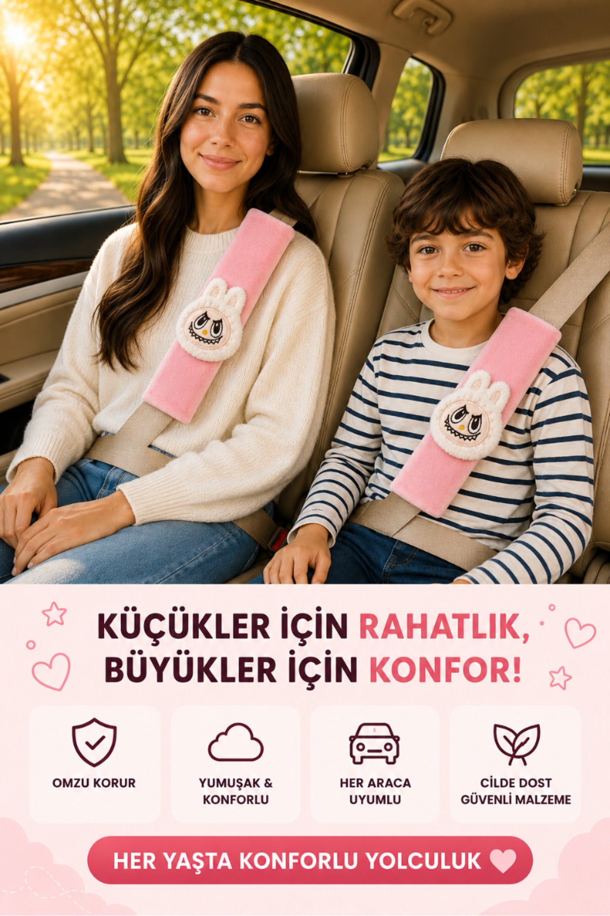 Bunny Pembe Emniyet Kemeri Aksesuarı - Emniyet Kemeri Kılıfı - Araç Emniyet Kemeri Omuz Koruyucu 1 Adet