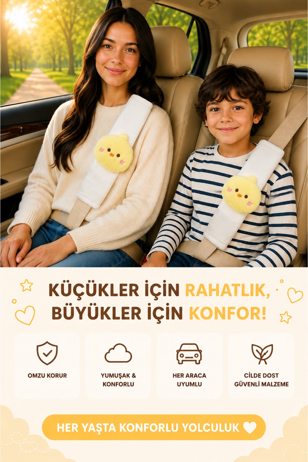 Mini Civciv Sarı Emniyet Kemeri Aksesuarı - Emniyet Kemeri Kılıfı-Araç Emniyet Kemeri Omuz Koruyucu 1 Adet