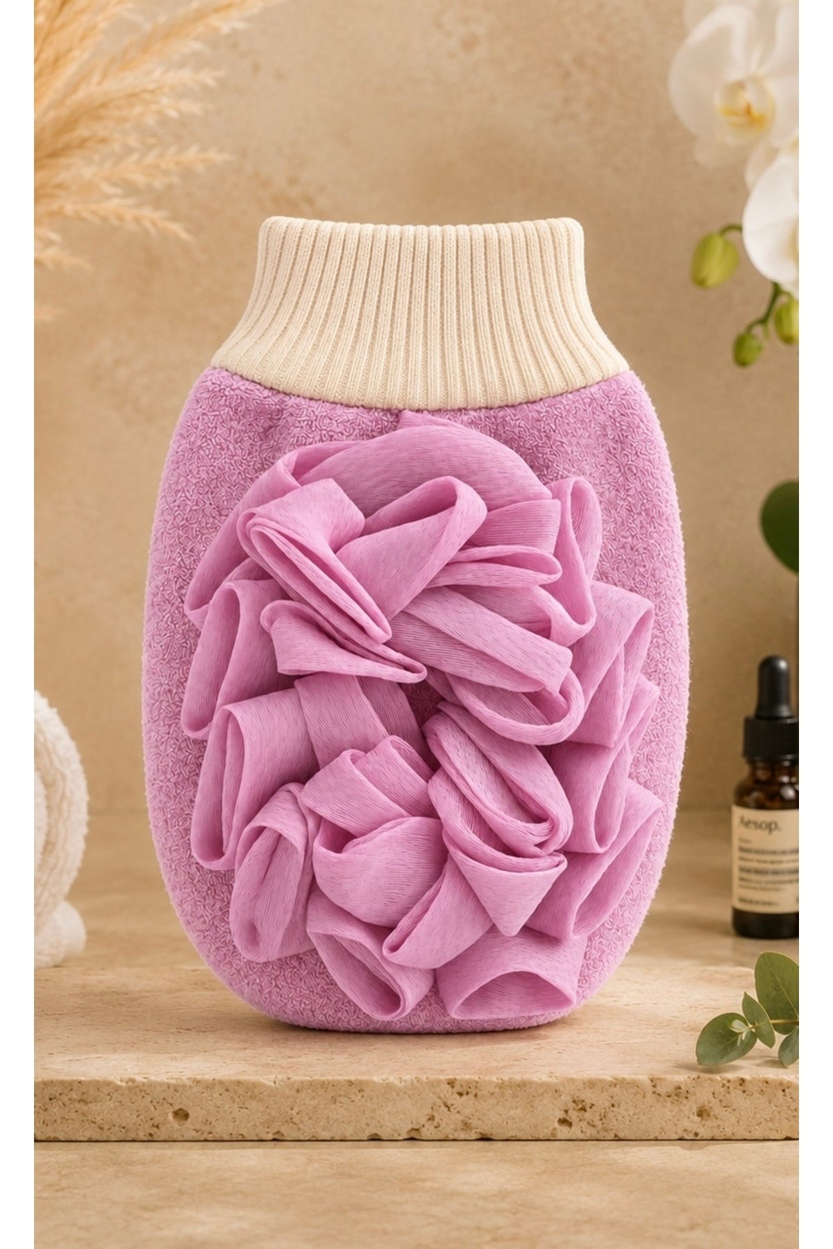 1 Adet Pembe Premium Banyo Duş Kesesi Peeling Eldiveni %100 Natural Normal Ciltler Için