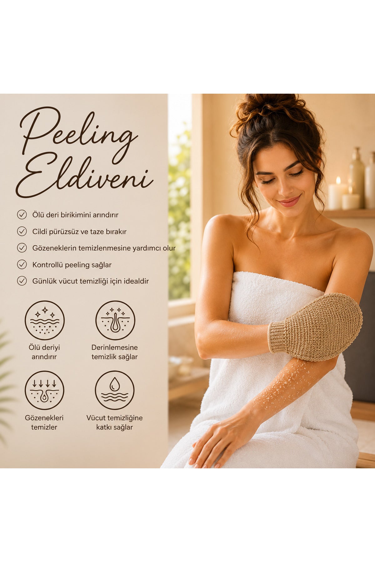 1 Adet Bej Premium Banyo Duş Kesesi Peeling Eldiveni %100 Natural Normal Ciltler Için