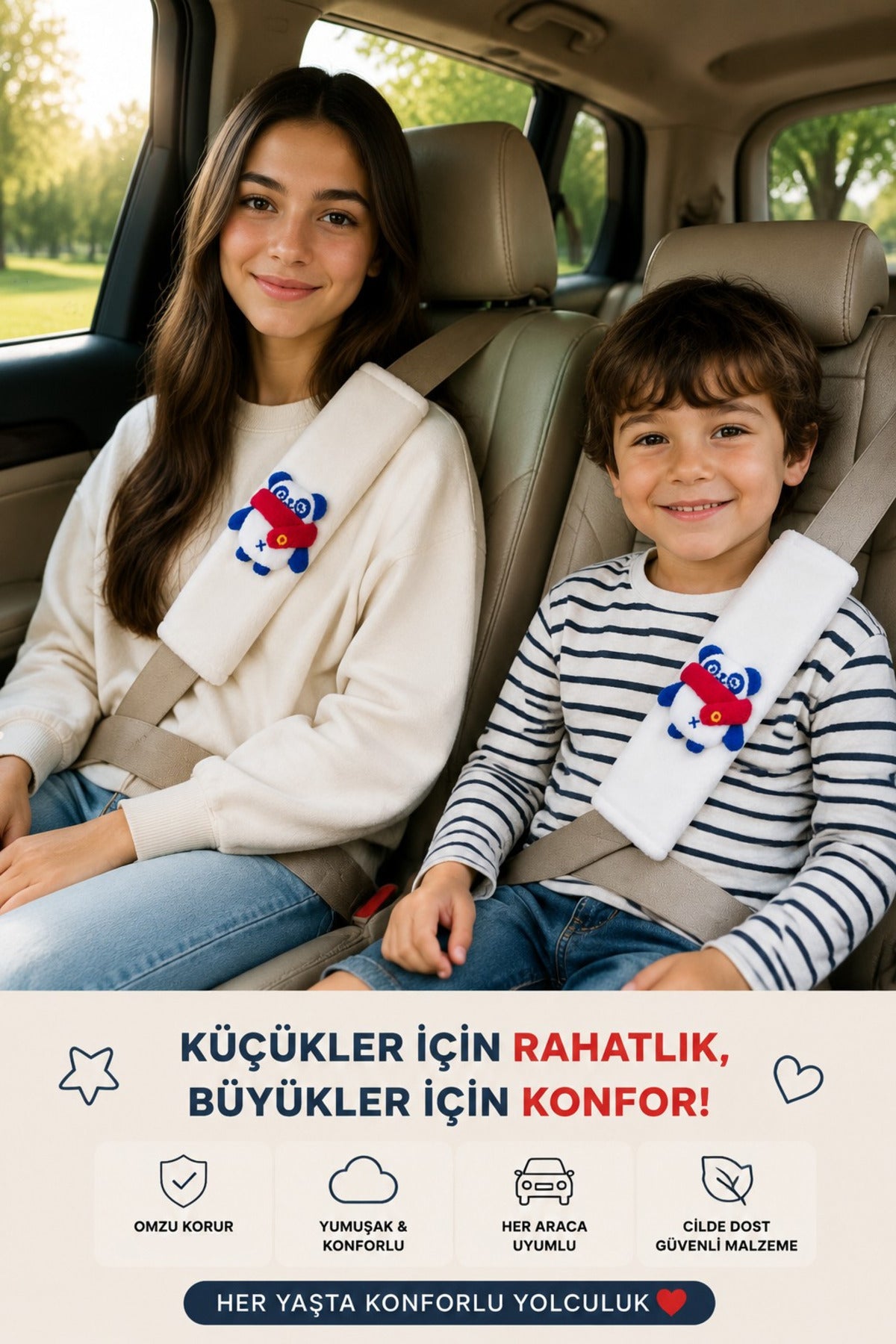 Panda Beyaz Emniyet Kemeri Aksesuarı - Emniyet Kemeri Kılıfı - Araç Emniyet Kemeri Omuz Koruyucu 1 Adet