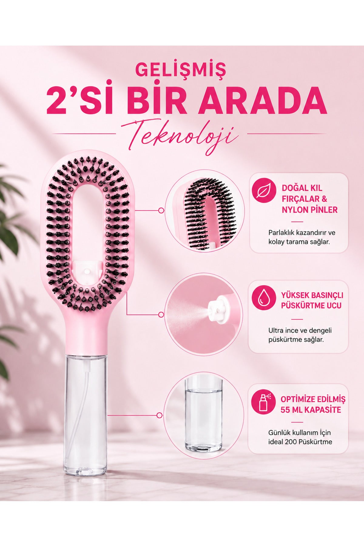 Su Hazneli Saç Tarağı – Spreyli Dolaşık Saç Açıcı Tarak,Spreyli Tarak,50 ml Su Hazneli, Elektriklenme Karşıtı, Islak ve Kuru Kullanım, Tüm Saç Tipleri İçin 1 Adet