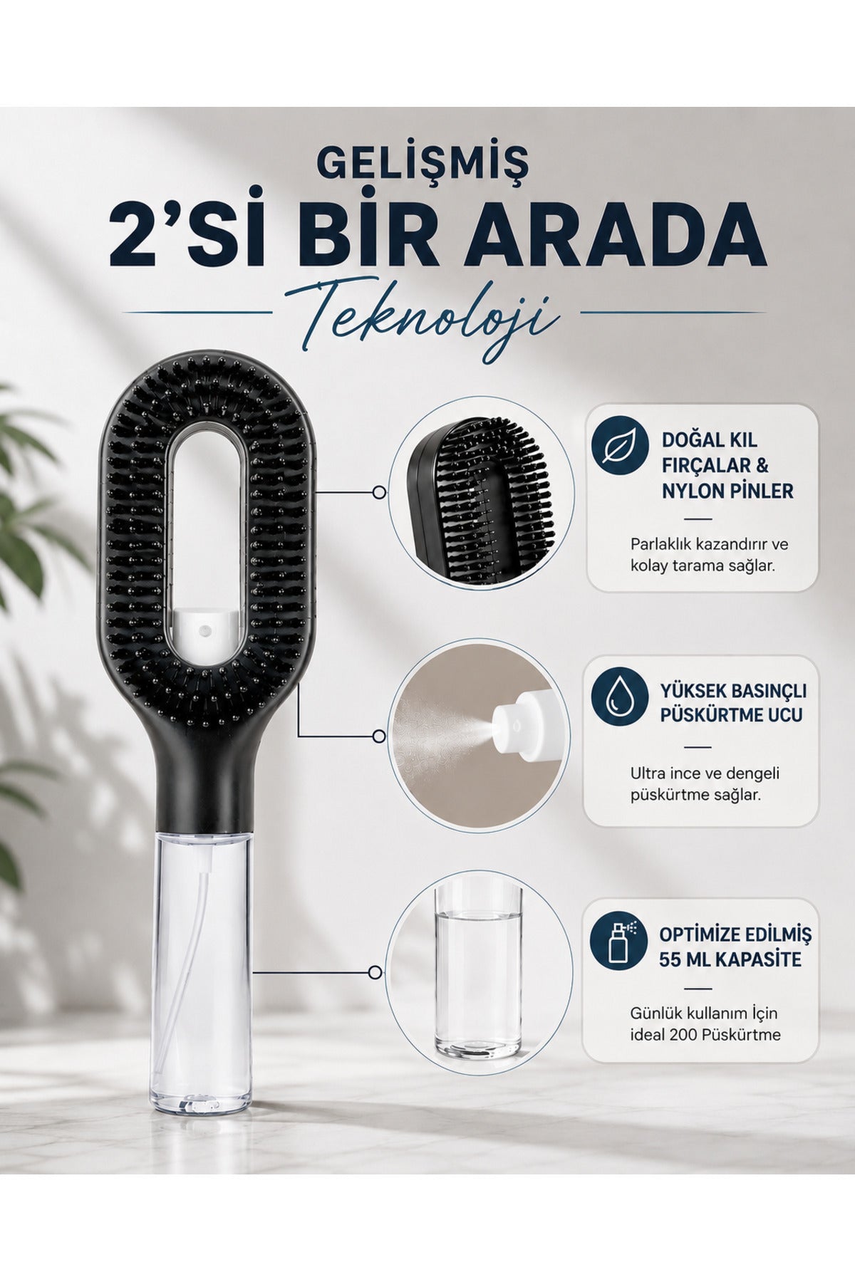 Su Hazneli Saç Tarağı – Spreyli Dolaşık Saç Açıcı Tarak,Spreyli Tarak,50 ml Su Hazneli, Elektriklenme Karşıtı, Islak ve Kuru Kullanım, Tüm Saç Tipleri İçin 1 Adet