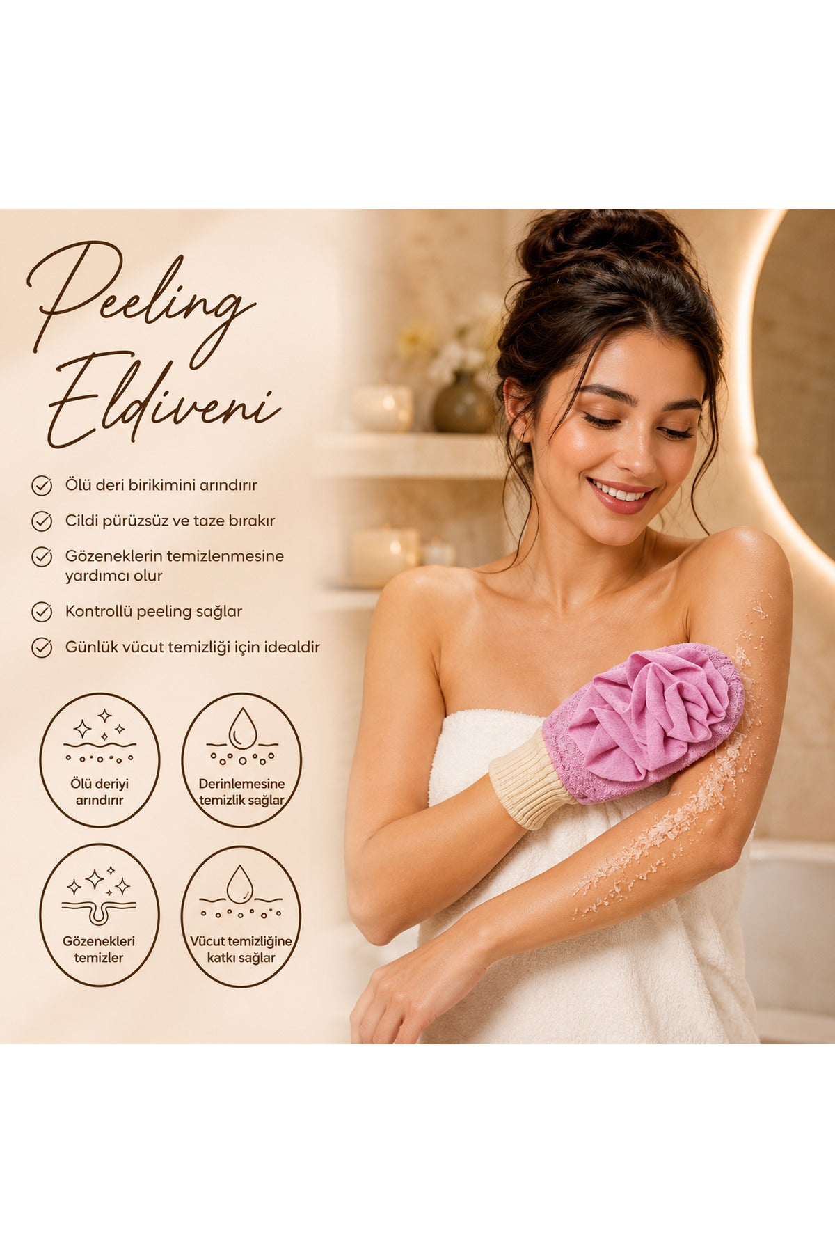 1 Adet Pembe Premium Banyo Duş Kesesi Peeling Eldiveni %100 Natural Normal Ciltler Için