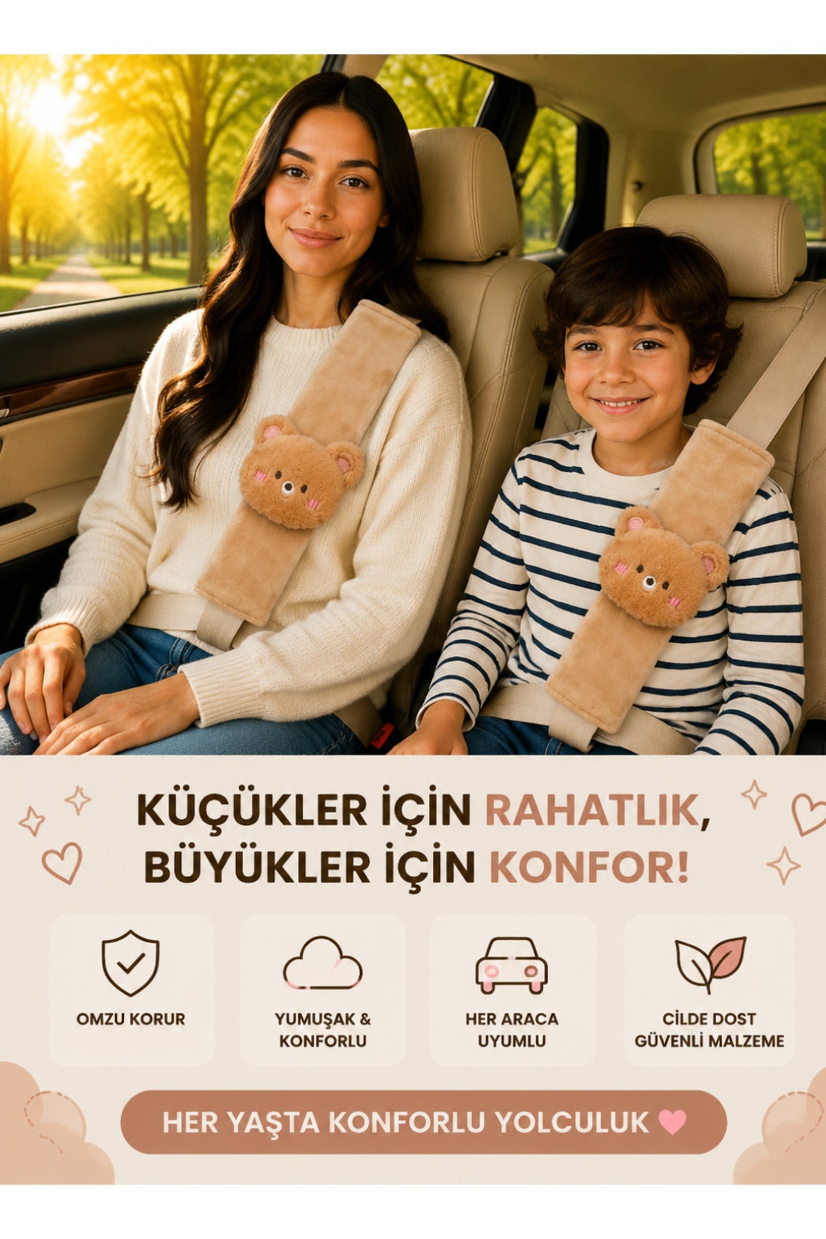 Mini Ayıcık Bej Emniyet Kemeri Aksesuarı - Emniyet Kemeri Kılıfı - Araç Emniyet Kemeri Omuz Koruyucu 1 Adet