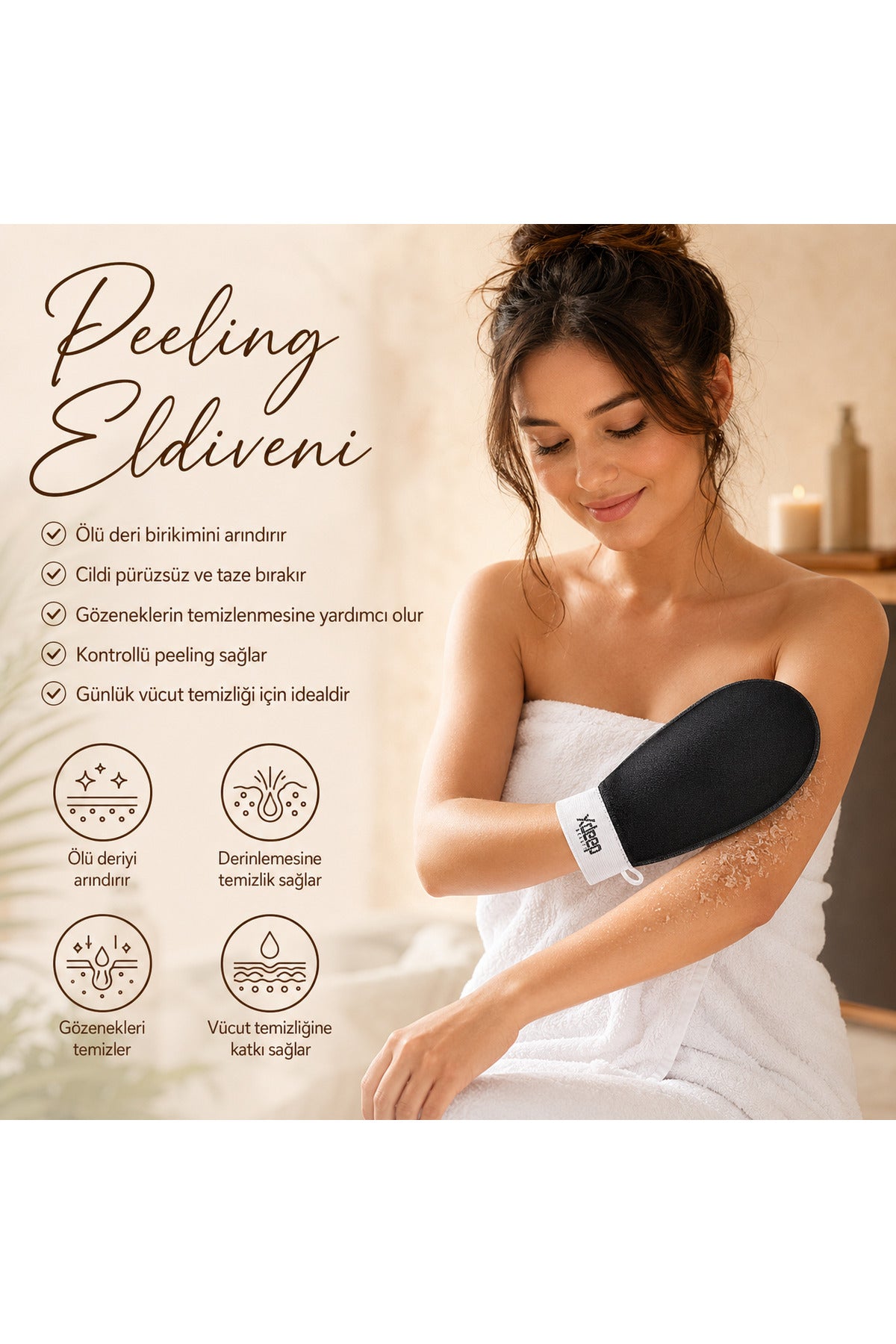 1 Adet Kore Peeling Eldiveni, Ölü Deri Temizleyici Vücut Peeling Eldiveni, Banyo ve Duş İçin, Fas Peeling Eldiveni, Unisex (Siyah)