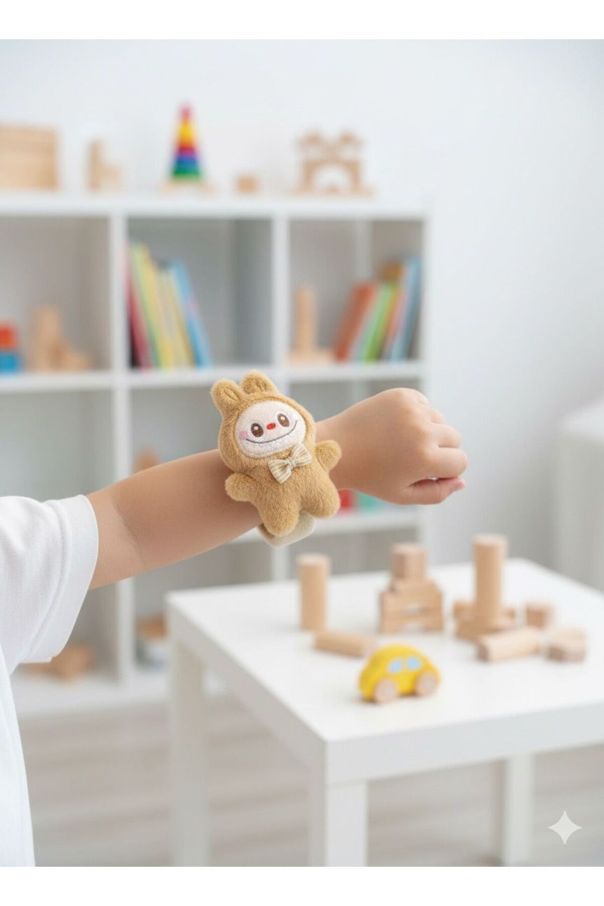 Labubu Peluş Bileklik Oyuncak – Bileğe Vurunca Sarılan Slap Bileklik, Çok Amaçlı Saç Tokası Bej