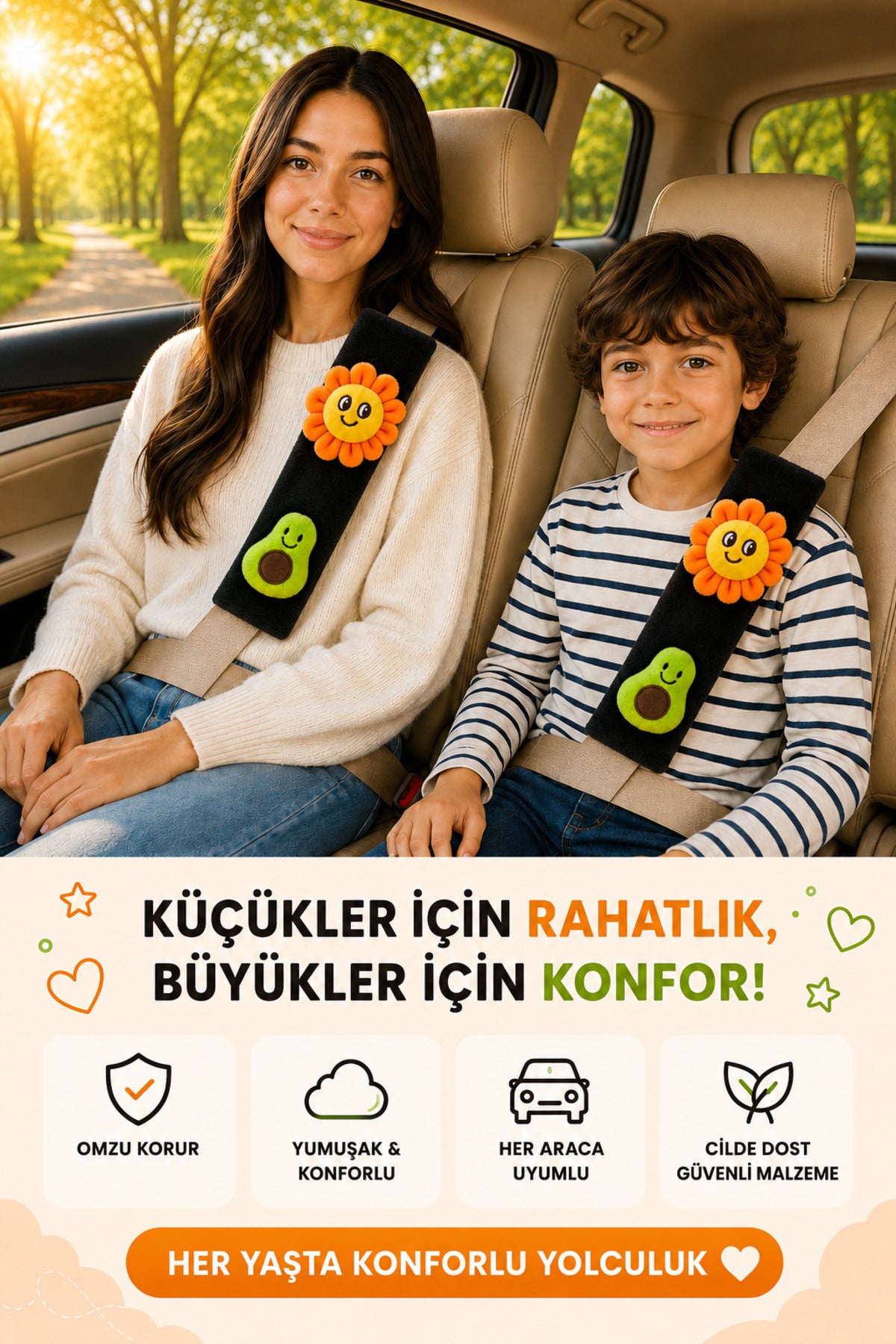 Çiçek Ve Avakadolu Siyah Emniyet Kemeri Aksesuarı - Emniyet Kemeri Kılıfı - Araç Emniyet Kemeri Omuz Koruyucu 1 Adet