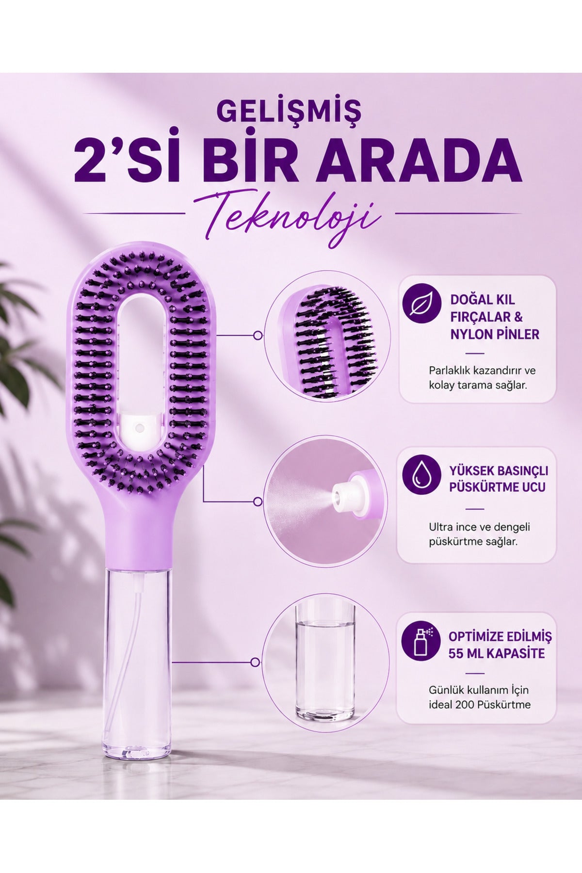 Su Hazneli Saç Tarağı – Spreyli Dolaşık Saç Açıcı Tarak,Spreyli Tarak,50 ml Su Hazneli, Elektriklenme Karşıtı, Islak ve Kuru Kullanım, Tüm Saç Tipleri İçin 1 Adet