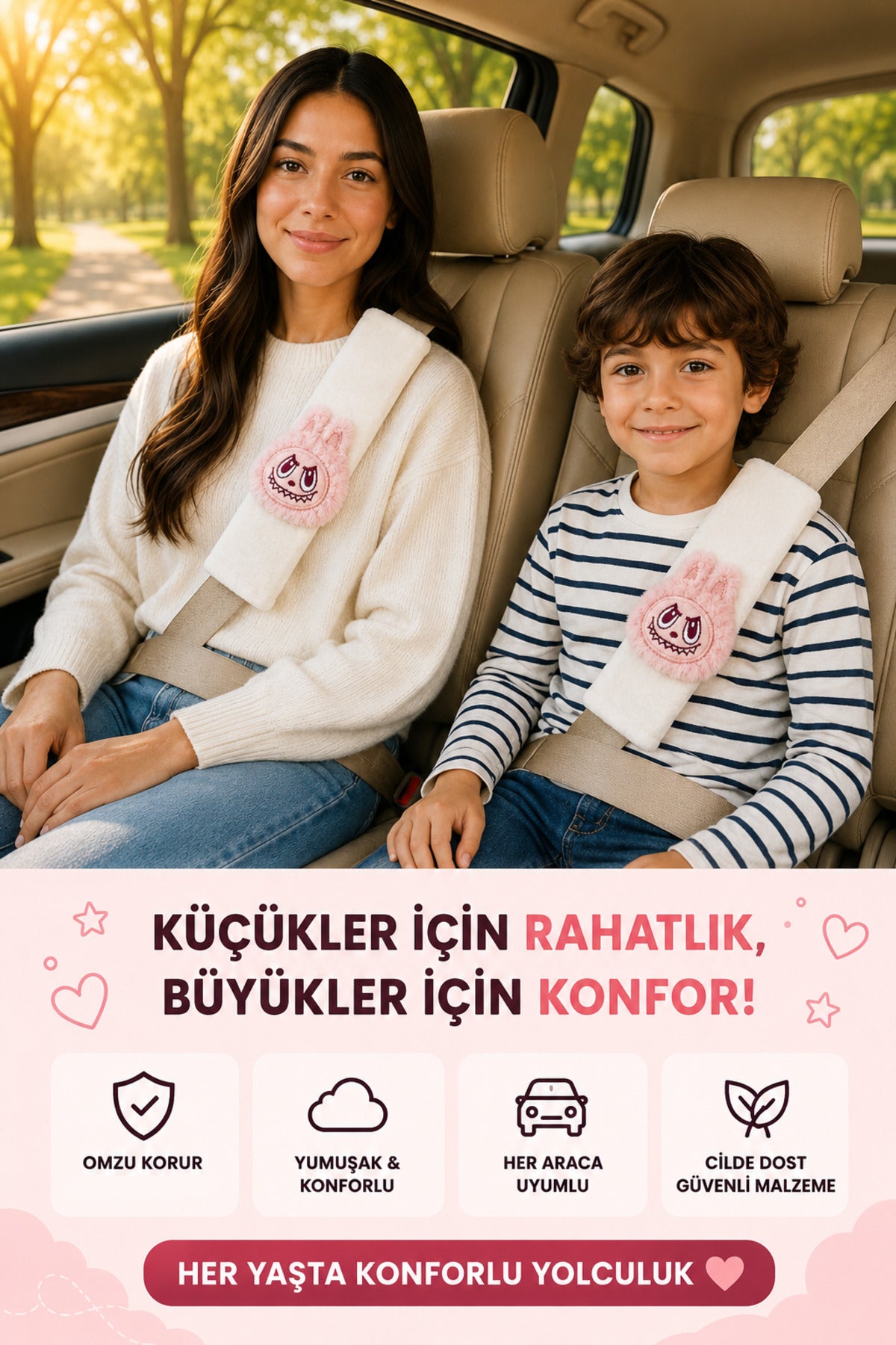 Bunny Pembe Emniyet Kemeri Aksesuarı - Emniyet Kemeri Kılıfı-Araç Emniyet Kemeri Omuz Koruyucu 1 Adet