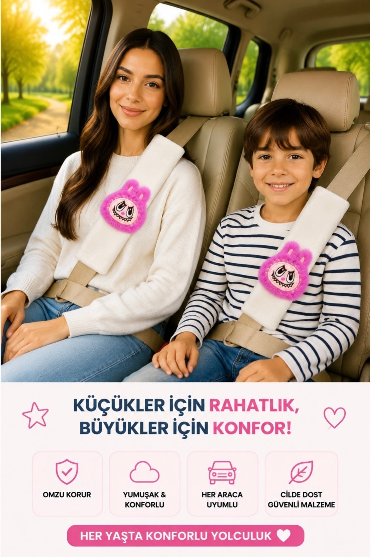 Bunny Beyaz Emniyet Kemeri Aksesuarı - Emniyet Kemeri Kılıfı-Araç Emniyet Kemeri Omuz Koruyucu 1 Adet