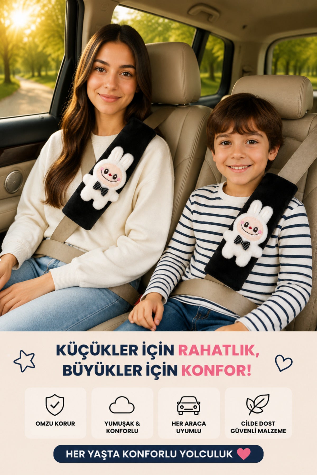 Tavşan Beyaz Emniyet Kemeri Aksesuarı - Emniyet Kemeri Kılıfı-Araç Emniyet Kemeri Omuz Koruyucu 1 Adet