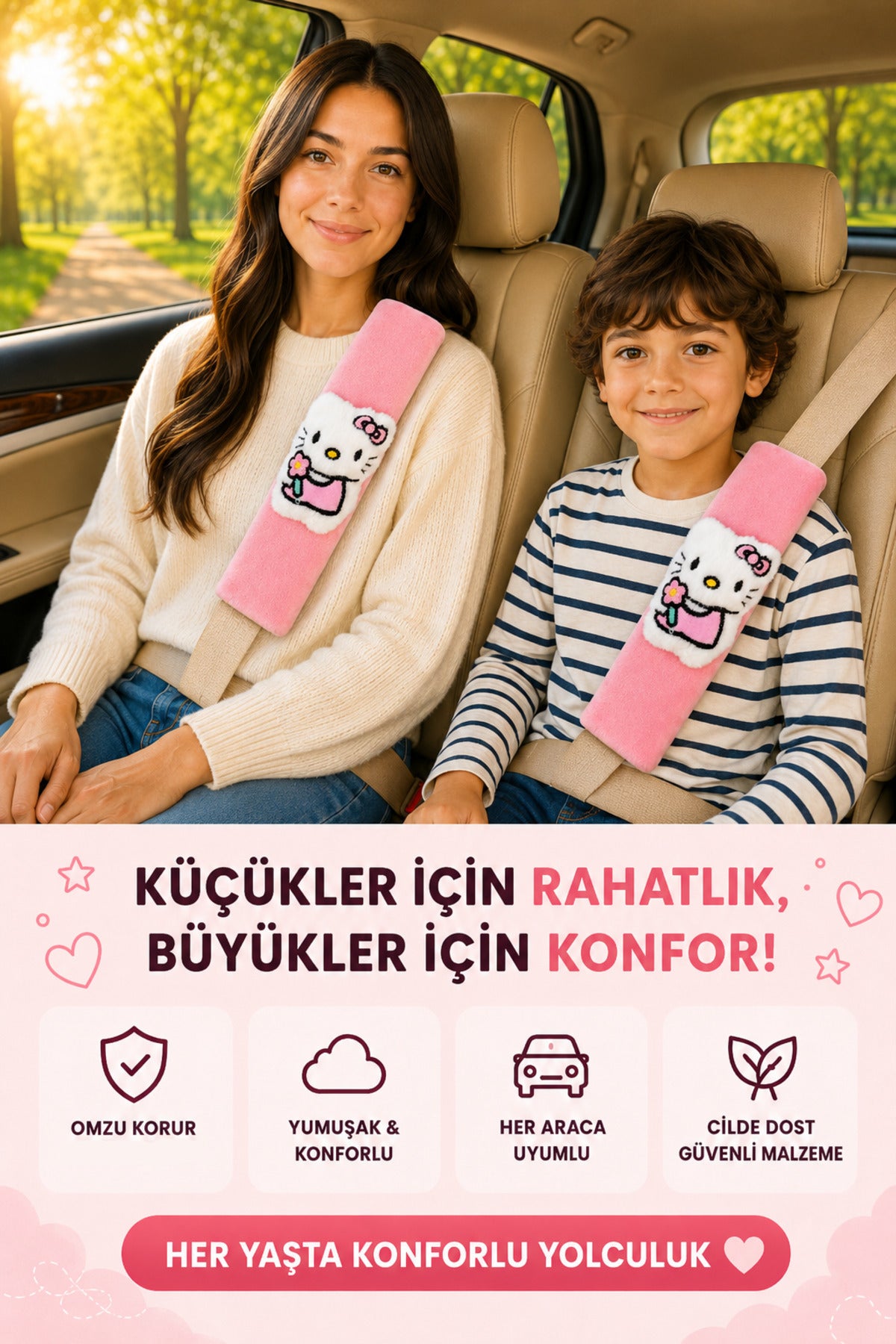 Pofuduk Pembe Emniyet Kemeri Aksesuarı - Emniyet Kemeri Kılıfı - Araç Emniyet Kemeri Omuz Koruyucu 1 Adet