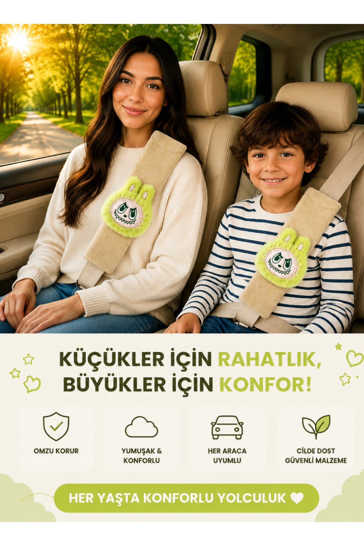 Bunny Yeşil Emniyet Kemeri Aksesuarı - Emniyet Kemeri Kılıfı-Araç Emniyet Kemeri Omuz Koruyucu 1 Adet