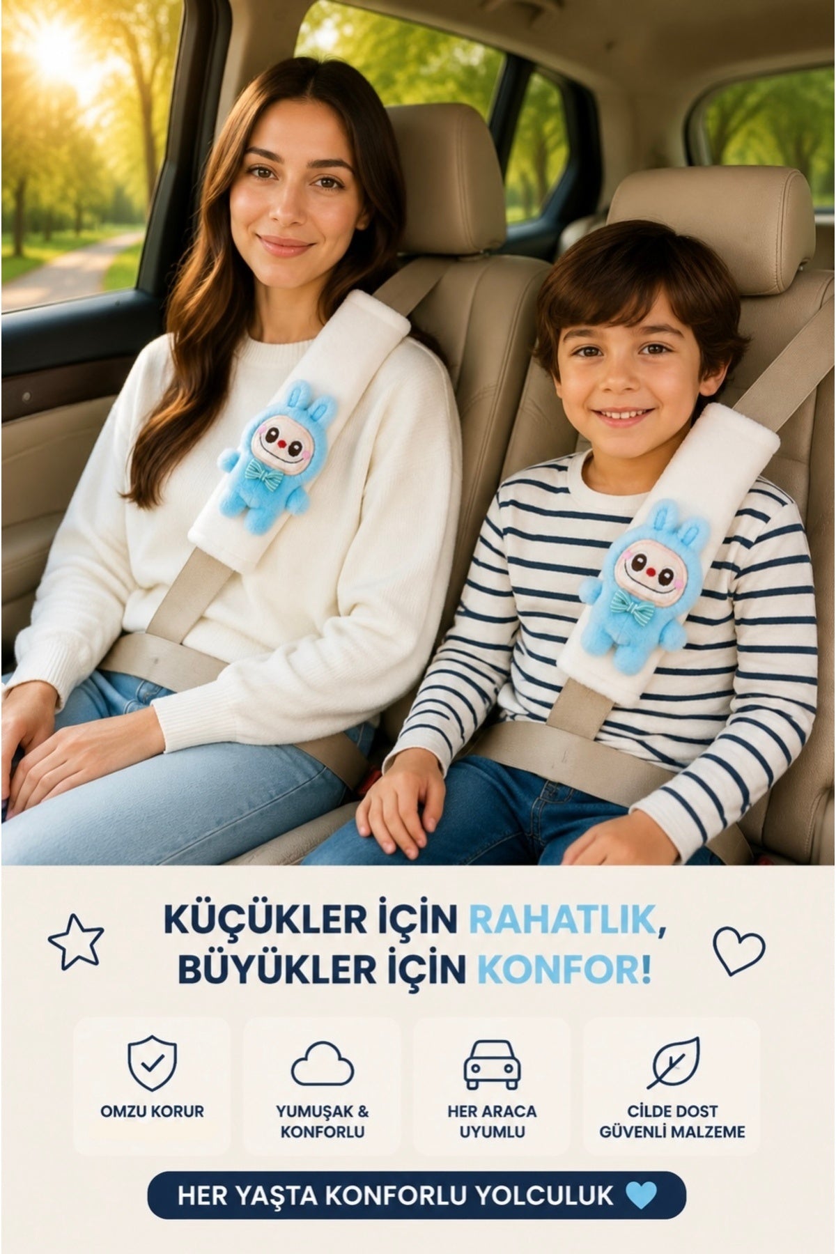 Tavşan Mavi Emniyet Kemeri Aksesuarı - Emniyet Kemeri Kılıfı-Araç Emniyet Kemeri Omuz Koruyucu 1 Adet