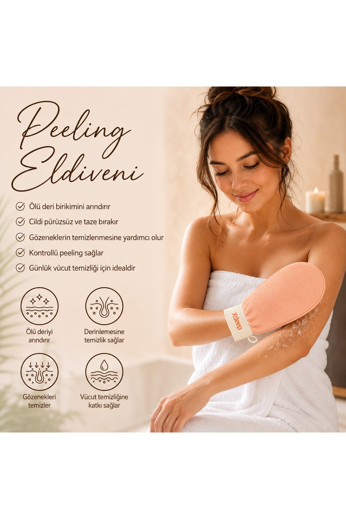 1 Adet Kore Peeling Eldiveni, Ölü Deri Temizleyici Vücut Peeling Eldiveni, Banyo ve Duş İçin, Fas Peeling Eldiveni, Unisex (Pudra)