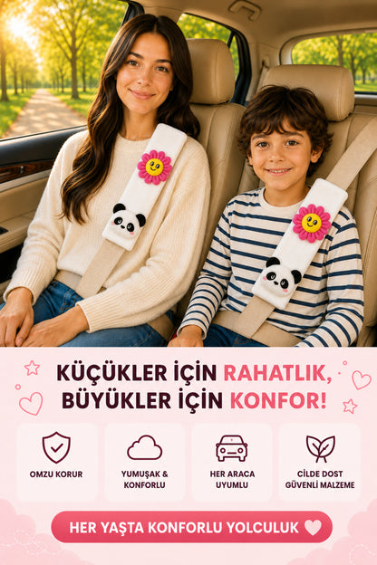 Papatya Ve Pandalı Emniyet Kemeri Aksesuarı - Emniyet Kemeri Kılıfı - Araç Emniyet Kemeri Omuz Koruyucu 1 Adet