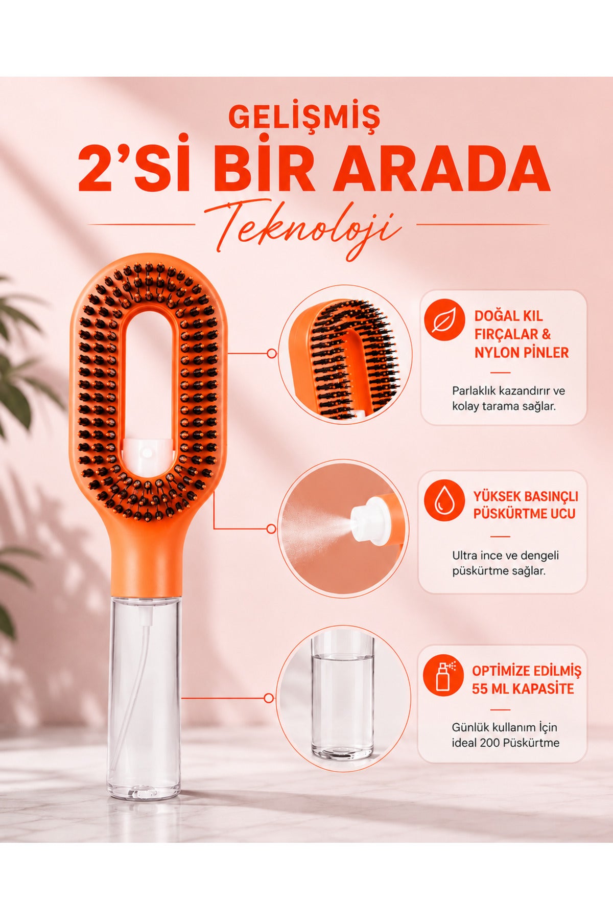 Su Hazneli Saç Tarağı – Spreyli Dolaşık Saç Açıcı Tarak,Spreyli Tarak,50 ml Su Hazneli, Elektriklenme Karşıtı, Islak ve Kuru Kullanım, Tüm Saç Tipleri İçin 1 Adet