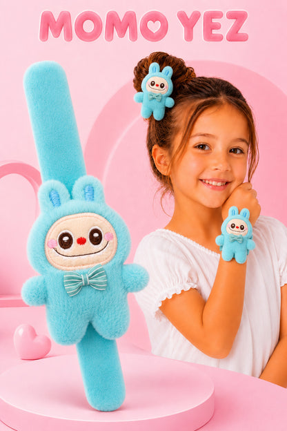 Labubu Peluş Bileklik Oyuncak – Bileğe Vurunca Sarılan Slap Bileklik, Çok Amaçlı Saç Tokası Mavi