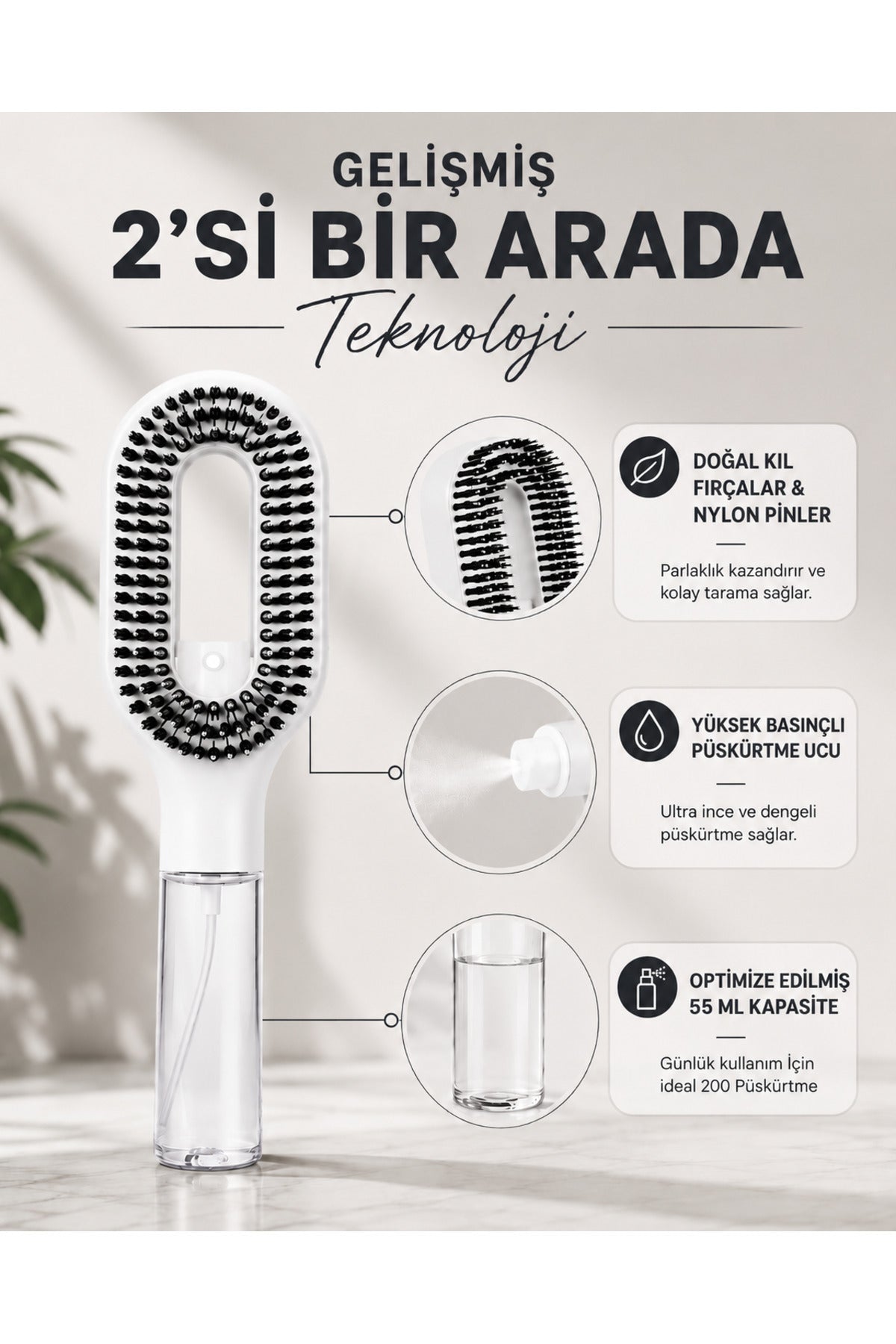Su Hazneli Saç Tarağı – Spreyli Dolaşık Saç Açıcı Tarak,Spreyli Tarak,50 ml Su Hazneli, Elektriklenme Karşıtı, Islak ve Kuru Kullanım, Tüm Saç Tipleri İçin 1 Adet