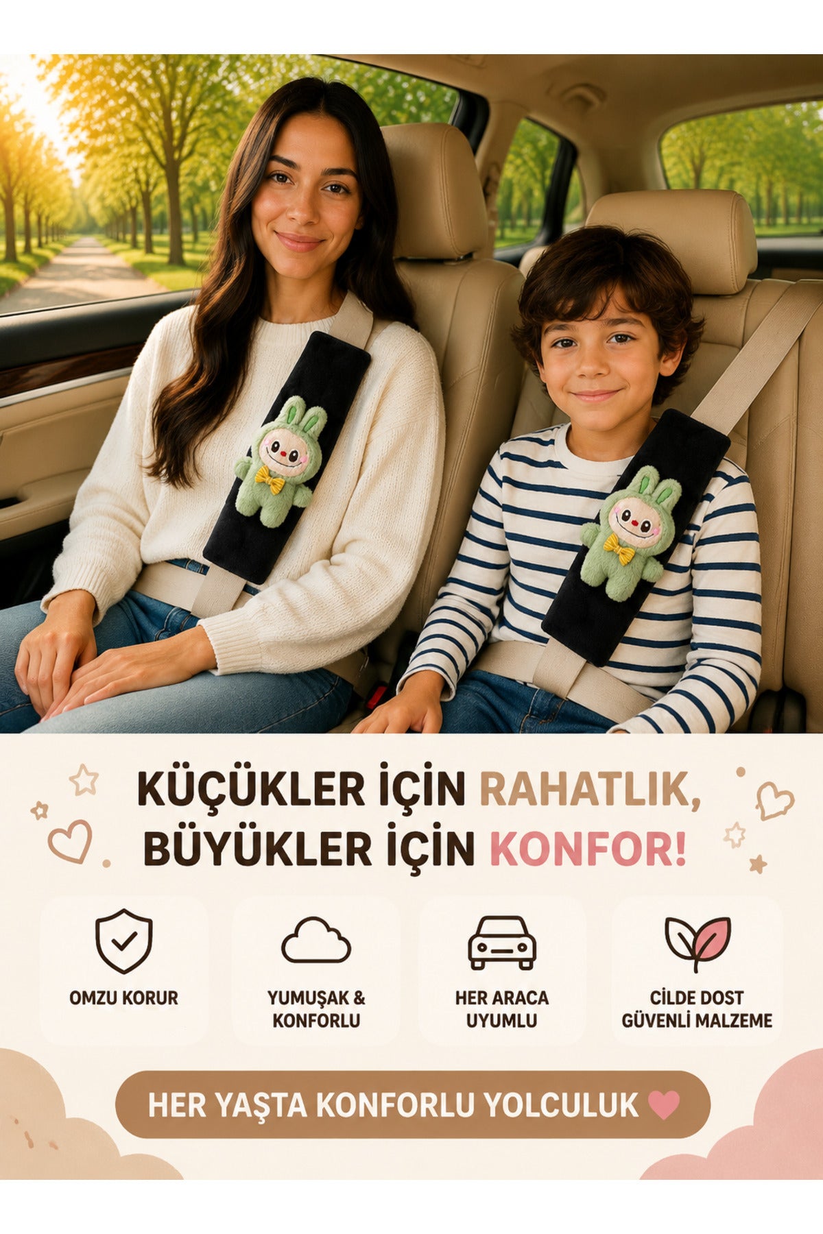 Tavşan Yeşil Emniyet Kemeri Aksesuarı - Emniyet Kemeri Kılıfı-Araç Emniyet Kemeri Omuz Koruyucu 1 Adet
