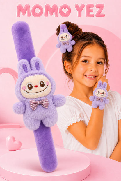 Labubu Peluş Bileklik Oyuncak – Bileğe Vurunca Sarılan Slap Bileklik, Çok Amaçlı Saç Tokası Mor