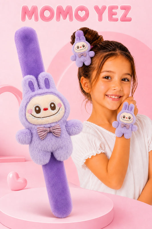 Labubu Peluş Bileklik Oyuncak – Bileğe Vurunca Sarılan Slap Bileklik, Çok Amaçlı Saç Tokası Mor
