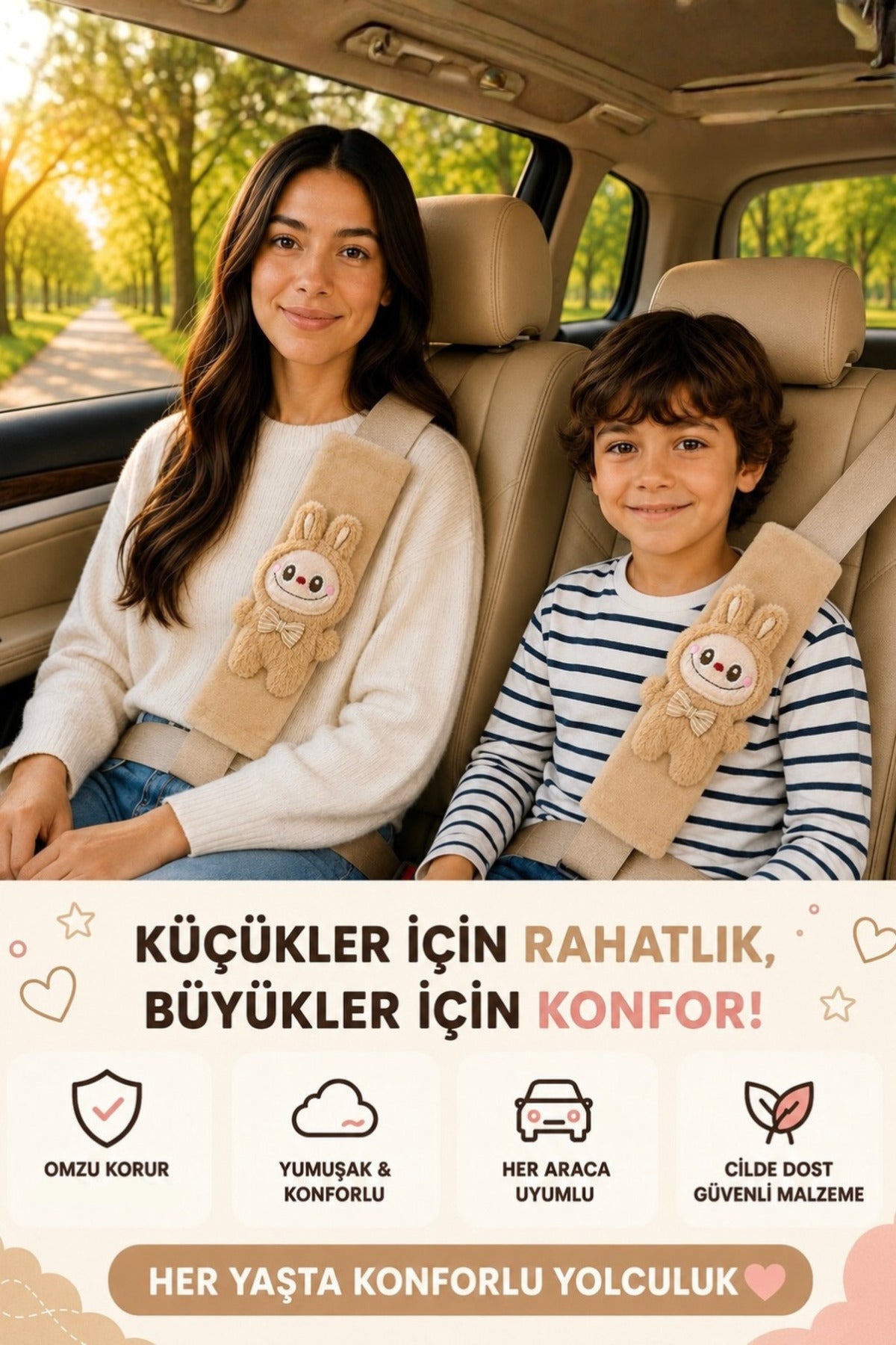 Tavşan Bej Emniyet Kemeri Aksesuarı - Emniyet Kemeri Kılıfı-Araç Emniyet Kemeri Omuz Koruyucu 1 Adet