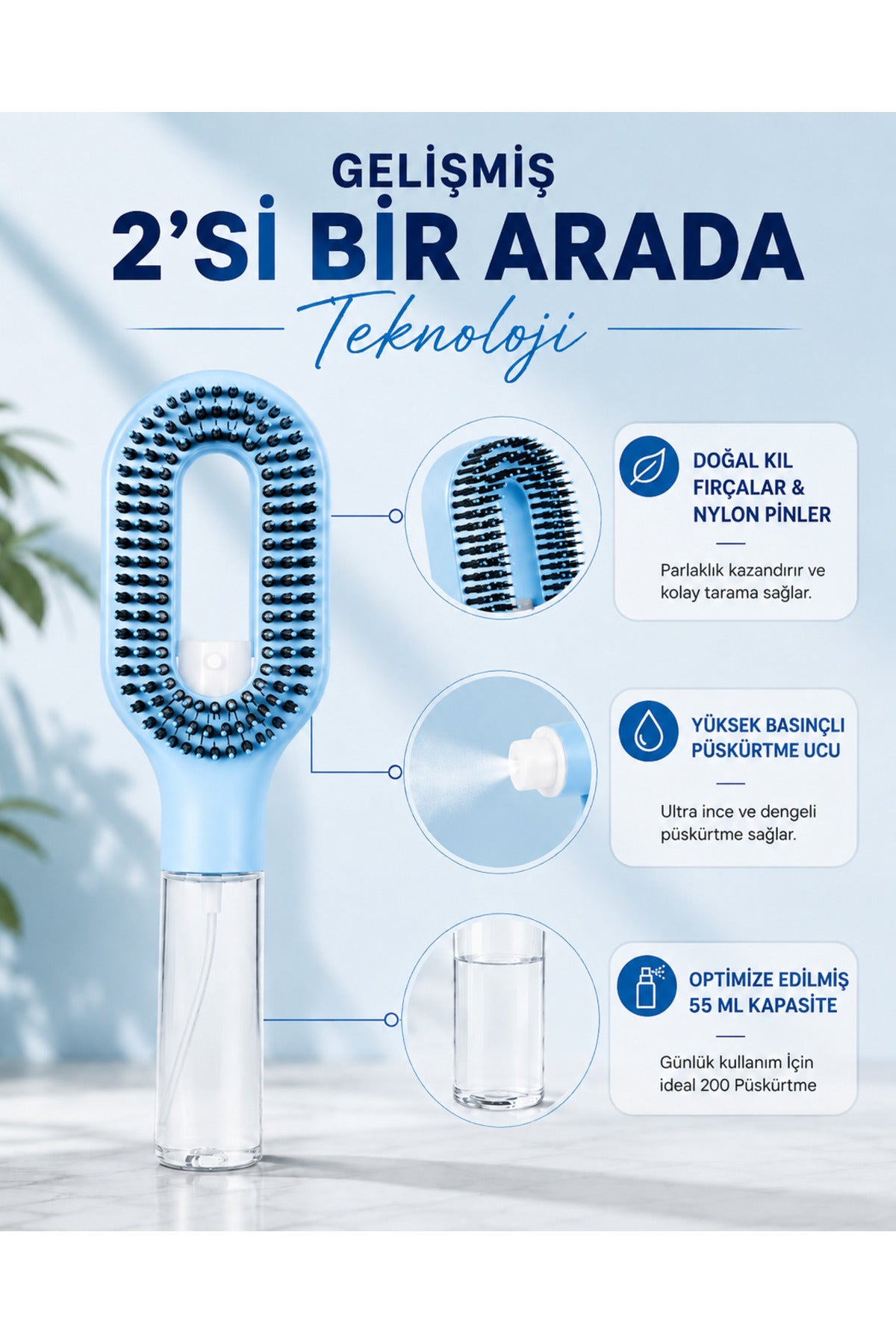 Su Hazneli Saç Tarağı – Spreyli Dolaşık Saç Açıcı Tarak,Spreyli Tarak,50 ml Su Hazneli, Elektriklenme Karşıtı, Islak ve Kuru Kullanım, Tüm Saç Tipleri İçin 1 Adet