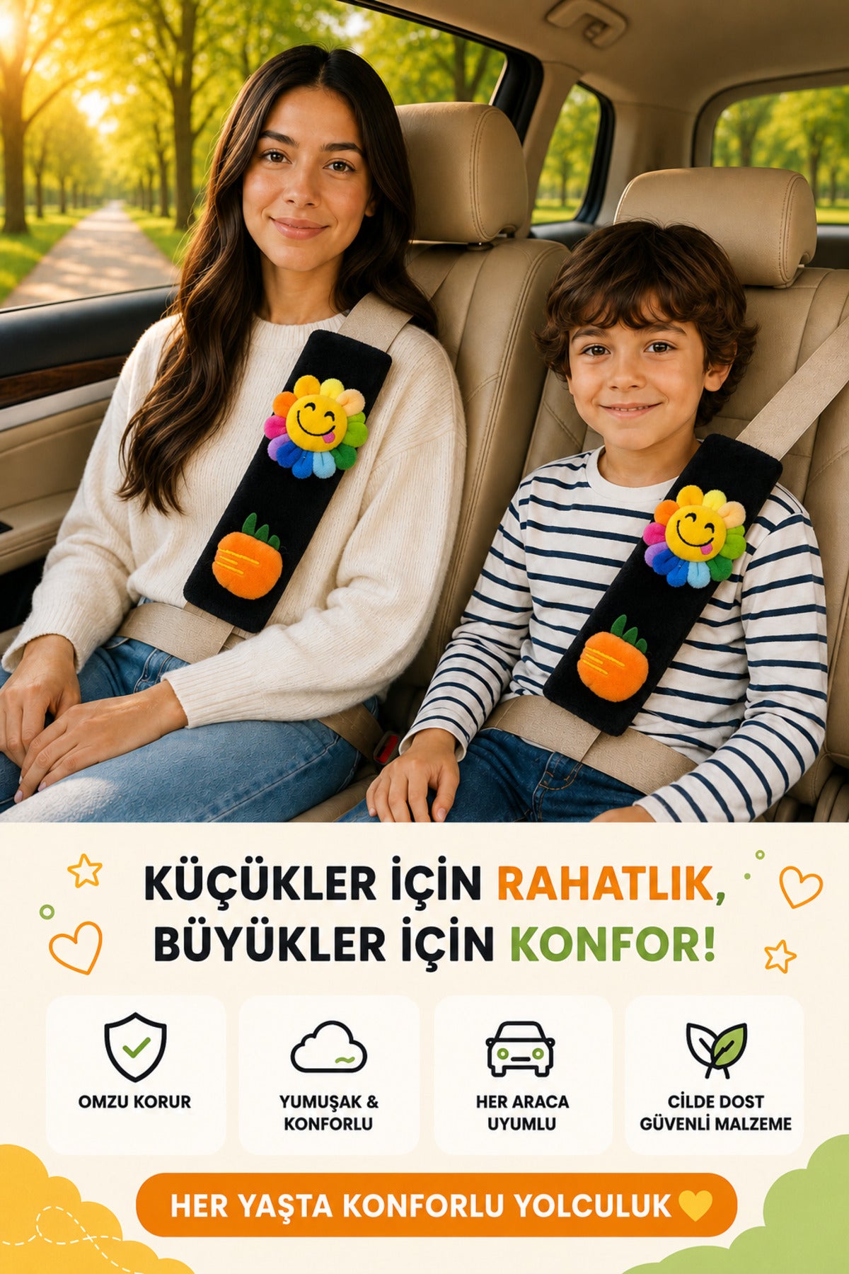 Çiçek Ve Meyveli Siyah Emniyet Kemeri Aksesuarı - Emniyet Kemeri Kılıfı - Araç Emniyet Kemeri Omuz Koruyucu 1 Adet