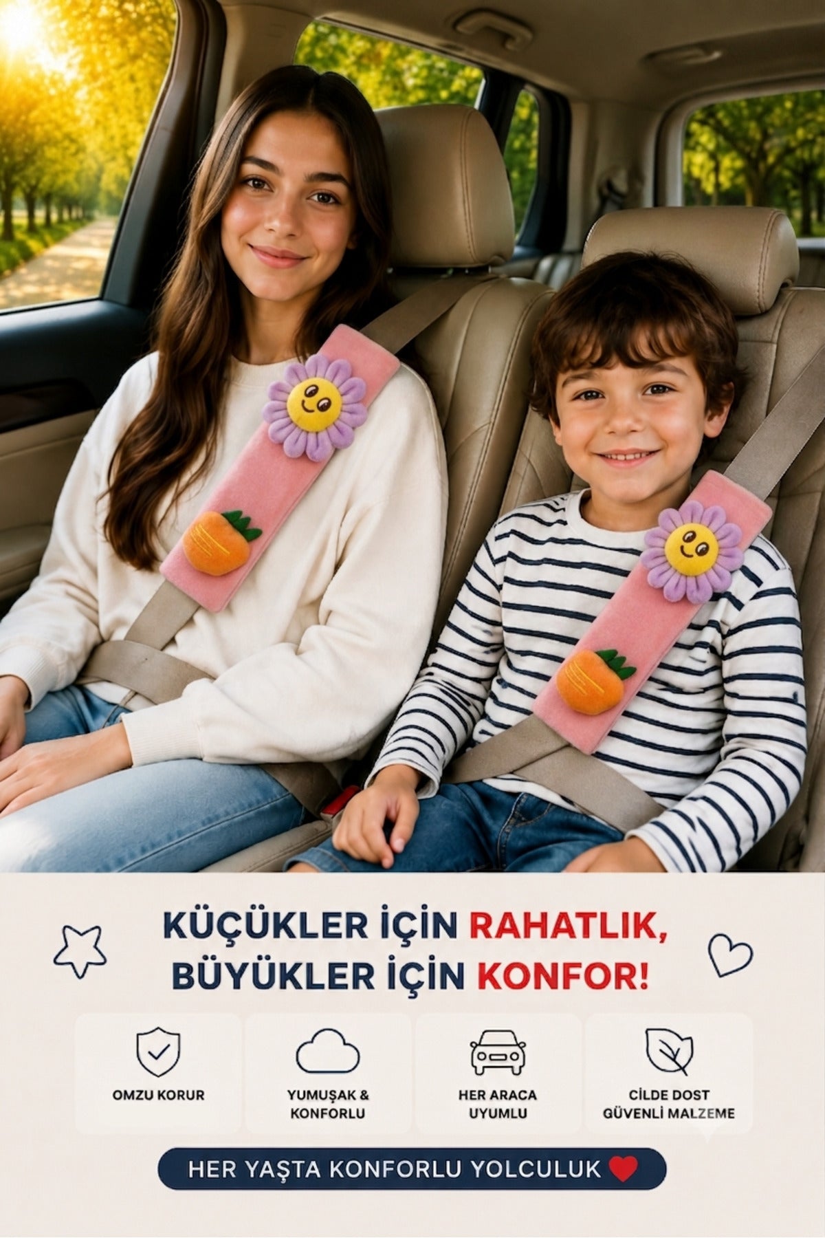 Çiçek Ve Meyveli Pembe Emniyet Kemeri Aksesuarı - Emniyet Kemeri Kılıfı - Araç Emniyet Kemeri Omuz Koruyucu 1 Adet